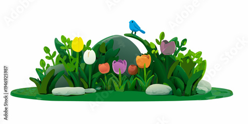 Colorful tulips and a small blue bird perched on a rock