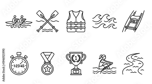 A collection of minimalist line art icons representing rowing and water sports, including a crew, oars, life vest, waves, and awards, perfect for sports and competition themes.