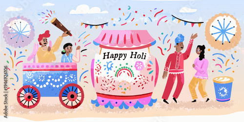 A colorful illustration depicting a happy holi celebration with people