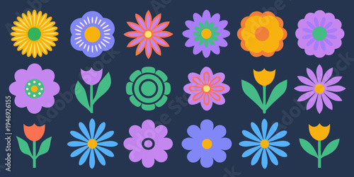 Colorful assortment of stylized flowers and foliage on a dark background