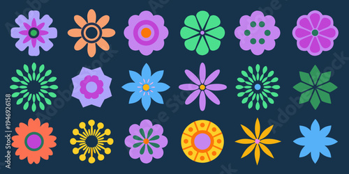 Colorful assortment of stylized geometric flowers against a dark background