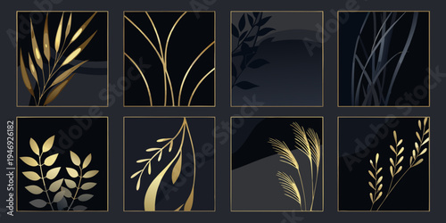 Abstract botanical arrangements in gold and black arranged in a grid