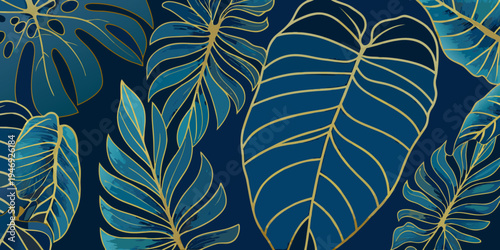 Elegant tropical monstera leaves with gold accents on a deep blue background