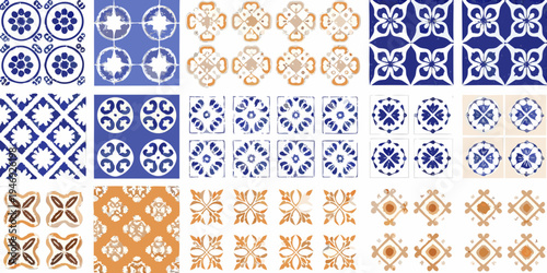 Assortment of vintage blue and orange decorative tile patterns