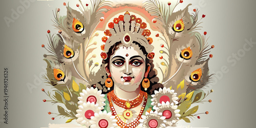 A vibrant portrait of goddess durga adorned with flowers and peacock feathers