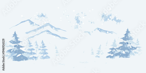 Watercolor winter landscape featuring snow covered mountains and evergreen trees
