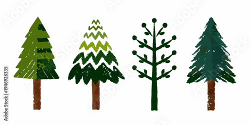 Four stylized evergreen trees in varying shades of green are displayed