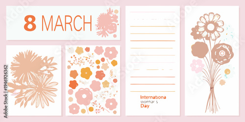 International women s day themed cards with floral illustrations and text