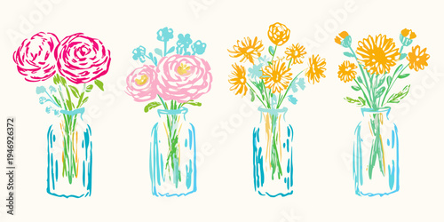 Colorful floral arrangement in vases a charming hand drawn illustration