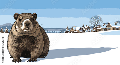 Groundhog Standing in Snowy Landscape with Village.