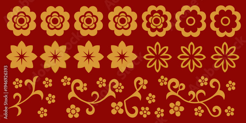 Golden floral and botanical patterns arranged on a deep red background