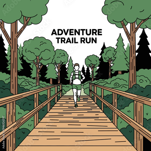 Energetic Runner Embarks on Adventure Trail Run Across Wooden Bridge Towards Nature's Embrace