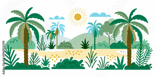 A vibrant tropical landscape featuring palm trees sunshine and green hills