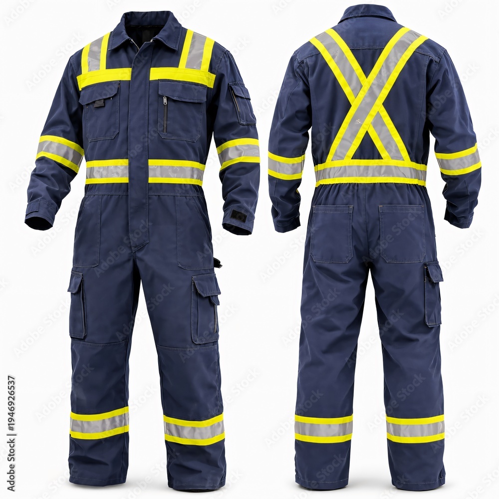 Fototapeta premium High-visibility industrial coverall with reflective safety stripes front and back view
