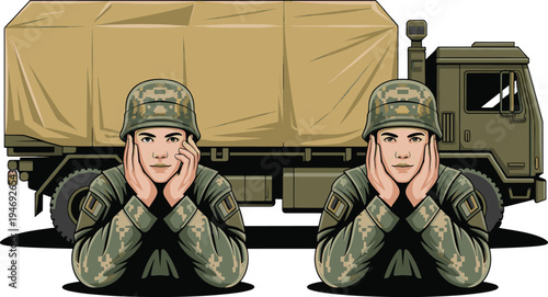 Two male soldiers wearing camouflage uniforms and military helmets resting their chins on their hands in front of a large olivegreen cargo truck illustration