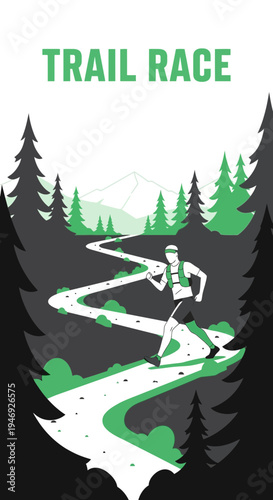 Energetic Runner Navigating Mountain Trail Race Course Against Forest Landscape Backdrop