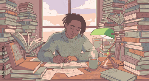 Young Woman Studying at Desk Surrounded by Books.