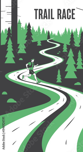 Energetic Runner Navigating Winding Trail Through Verdant Forest Landscape for Endurance Event