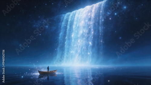 Lone traveler standing in small boat beneath a glowing cosmic waterfall falling from the starry sky into calm ocean, surreal fantasy night landscape with reflections, idea for dream imagination