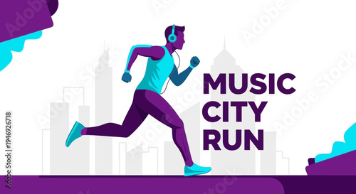 Energetic Runner Silhouetted With Headphones In Music City Running Event
