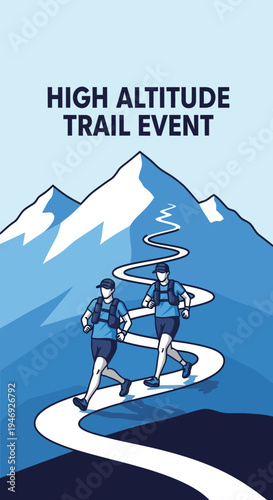 Energetic Runners Ascending Mountain Trail During High Altitude Race, Competitive Outdoor Event