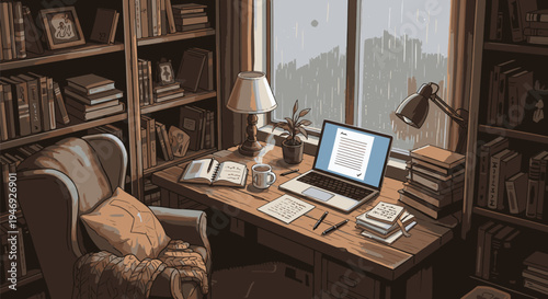 Cozy Home Office Study with Books and Laptop.