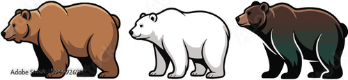Adorable collection of three different bear species depicted in a charming cartoon vector illustration standing proudly