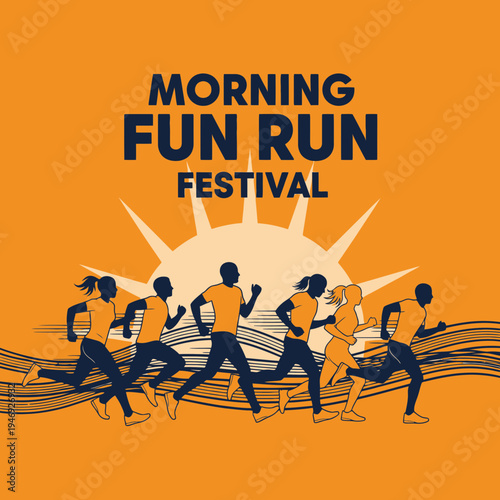 Energetic Runners Embark On Morning Fun Run Festival Against a Warm Sunrise Background