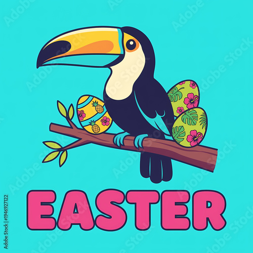 toucan on branch with easter eggs and flowers, colorful easter illustration for holiday cards and decorations and gifts