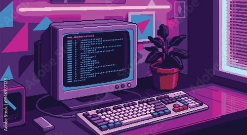 Retro Computer Setup with Keyboard and Plant.