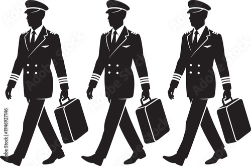 Professional airline pilot in full uniform confidently walking while carrying a sleek briefcase representing global air travel and aviation careers