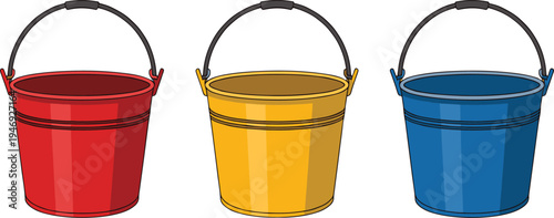Three colorful plastic buckets red yellow and blue with handles ready for various household and gardening tasks