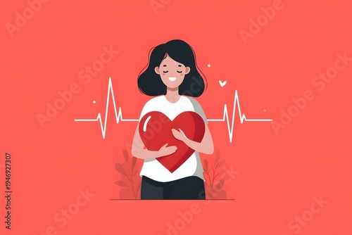 Cheerful Woman Holding Heart With Heartbeat Graphic Background