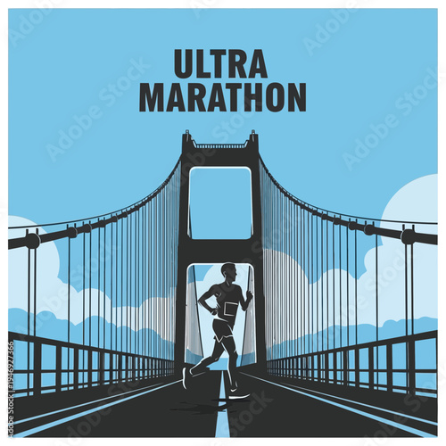 Energetic Silhouette of A Marathon Runner Crossing Iconic Suspension Bridge Symbolizing Triumph