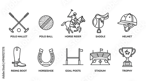 A collection of minimalist line art icons representing various elements of the sport of polo, including equipment, a rider, and a stadium.