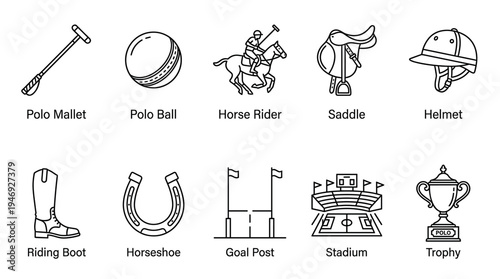 A collection of clean line art icons representing various elements of the sport of polo, including equipment and game features.