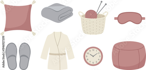Relaxation textile elements with tasseled pillow fleece blanket knitting basket sleep mask house slippers bathrobe bedside clock upholstered pouf in dusty rose soft grey ivory for cozy design