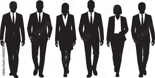 Diverse silhouettes of business professionals walking forward in formal attire representing teamwork and corporate culture