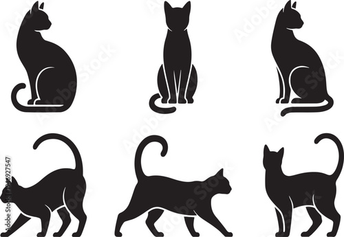 Collection of six black cat silhouettes in various poses isolated on a white background representing diverse feline movements and postures