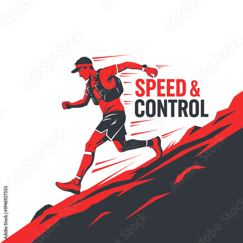 Energetic Trail Runner Ascends Mountain Slope, Demonstrating Athleticism, Speed and Control