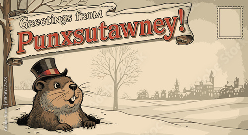 Groundhog Emerging from Burrow on Groundhog Day.