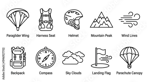 A collection of clean, outline-style icons representing paragliding and adventure sports, including gear, weather, and navigation elements.