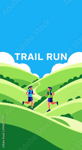 Energetic Trail Runners Conquering Rolling Hills Under a Vivid Azure Sky in Nature