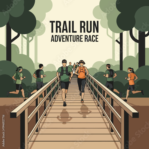 Energetic Trail Runners Embark on an Adventure Race Across a Wooden Bridge in Nature's Embrace
