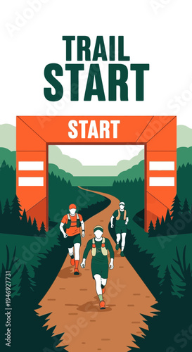 Energetic Trail Runners Embarking On Adventure, Starting A Scenic Marathon Through Wilderness