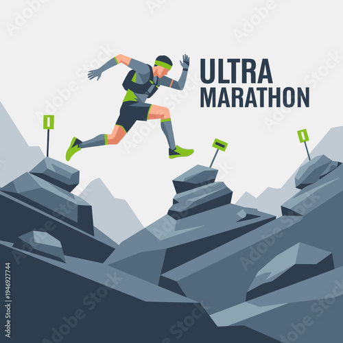 Energetic Ultra Marathon Runner Conquering Rugged Terrain in a Competition Race