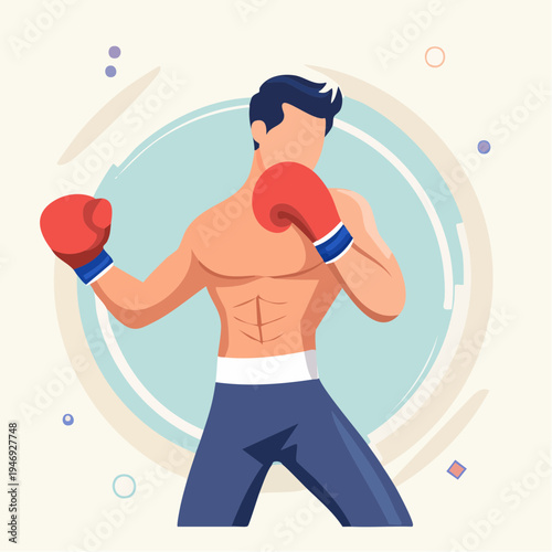 Dynamic illustration of a strong male boxer in a fighting pose, ready for action and representing power in combat sports