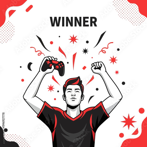 Enthusiastic Gamer Celebrates Victory With Controller Amidst Festive Confetti Decorations