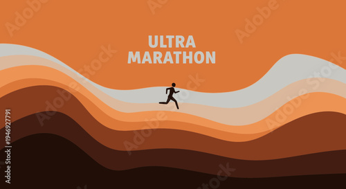 Energetic Ultra Marathon Runner Silhouette Against Abstract Layered Landscape Background