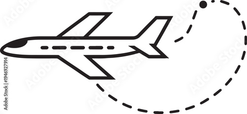 Simple black outline of an airplane flying on a dashed flight path with a dot indicating destination